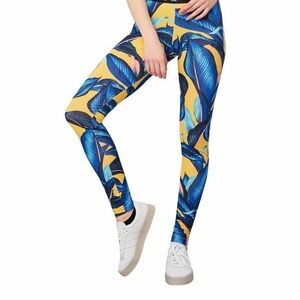 adidas Blue Leaf Print High-Waist Leggings on Yellow Base